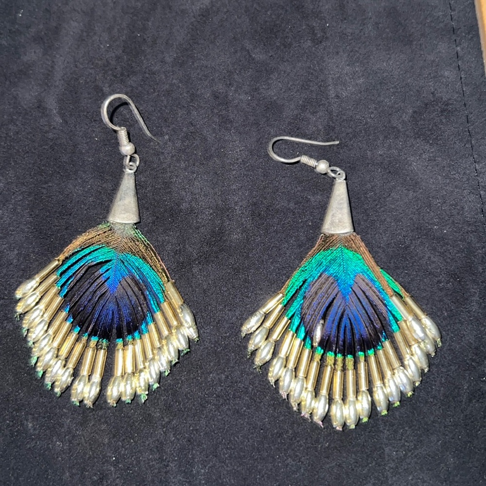 Sterling Silver beaded peacock feather dangle earrings unmarked